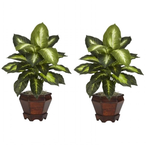 Nearly Natural Dieffenbachia with Wood Vase Silk Plant -Set of 2, 2PK - 6712-S2-GD