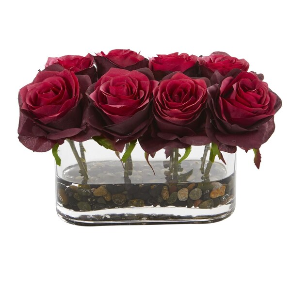Nearly Natural 5.5 in. Blooming Roses in Glass Vase Artificial Arrangement, Burgundy - 1520-BG