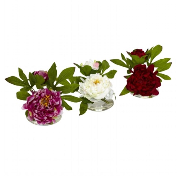 Nearly Natural Peony with Glass Vase -Set of 3, 3PK - 4789