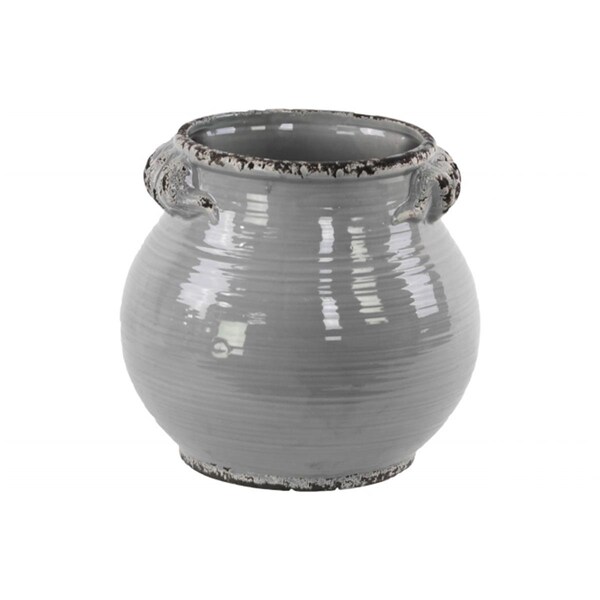 H2H Ceramic Tall Round Bellied Tuscan Pot with Handles - Distressed Gloss Grey, Small - H22503184