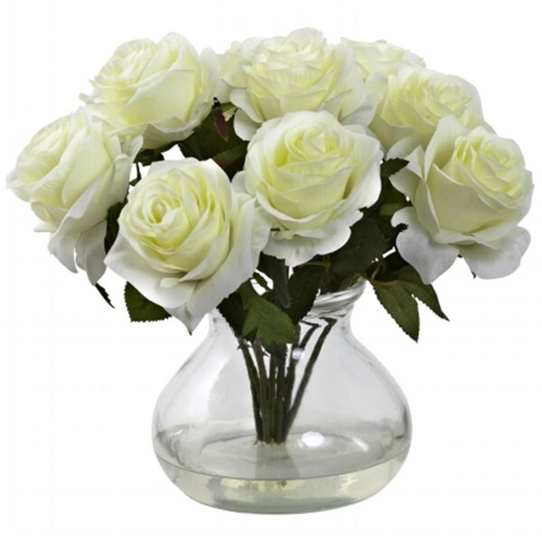 Nearly Natural Rose Arrangement With Vase - White - 1367-WH