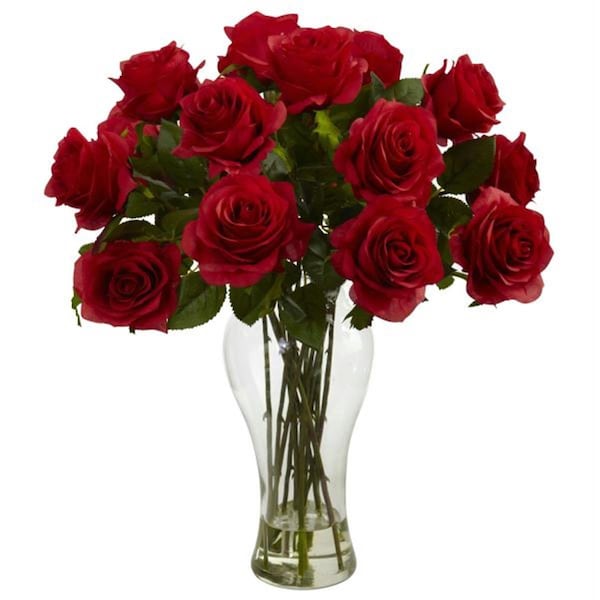 Nearly Natural Blooming Roses with Vase - 1328-RD