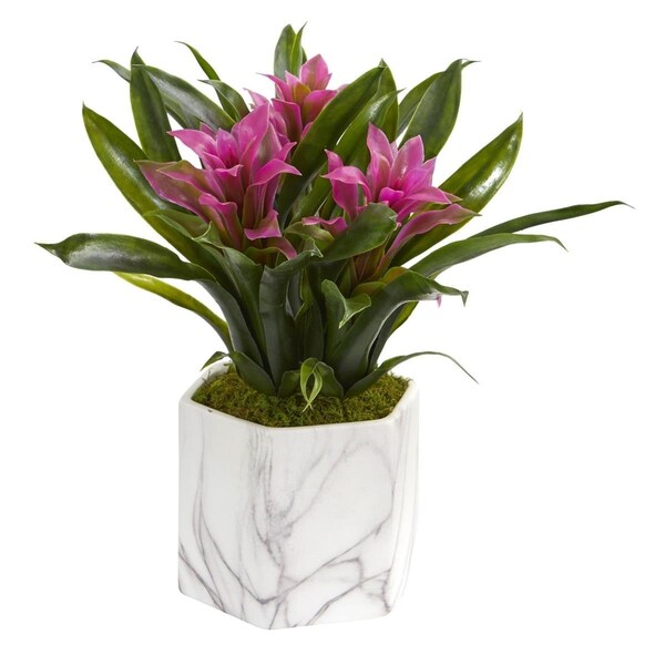 Dare2Decor Bromeliad Artificial Plant in Marble Finished Vase - Purple - DA3090552