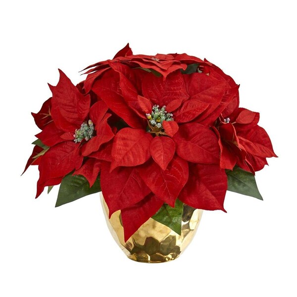 Dare2Decor Poinsettia Artificial Arrangement in Golden Vase - DA2623450