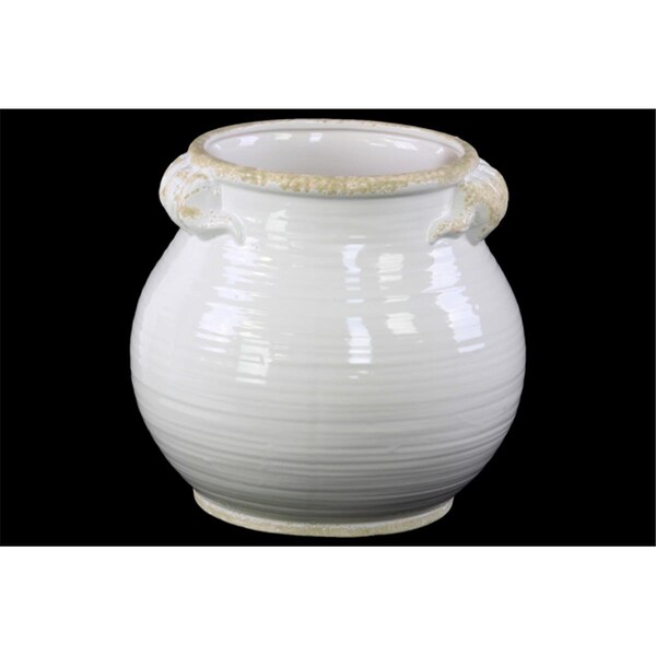 H2H Ceramic Tall Round Bellied Tuscan Pot with Handles - Distressed Gloss White, Small - H22503183