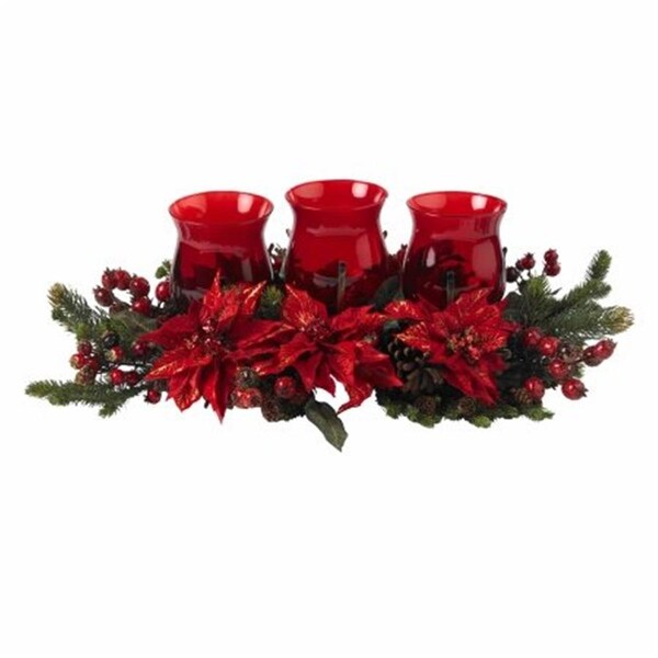 Nearly Natural Poinsettia and Berry Triple Candleabrum - 4914