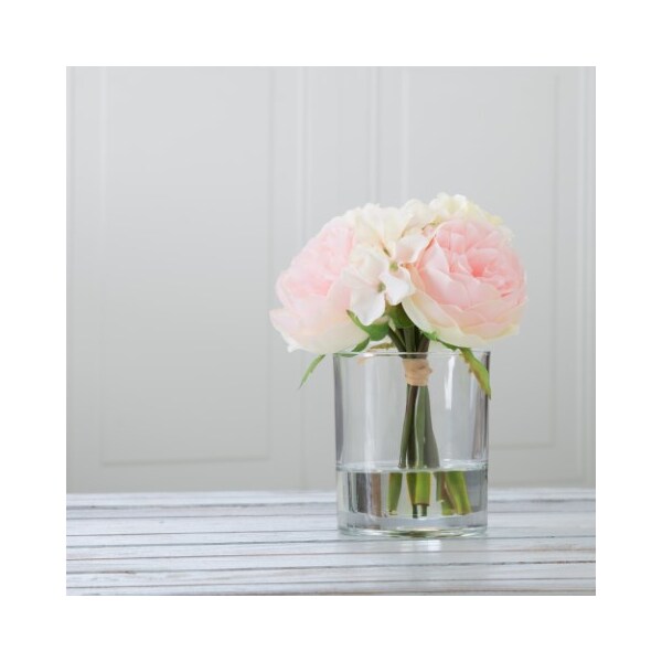 Nature Spring Rose and Hydrangea Arrangement, 6 Pink and Cream Artificial Flowers in Decorative Round Vase - 423517QYX