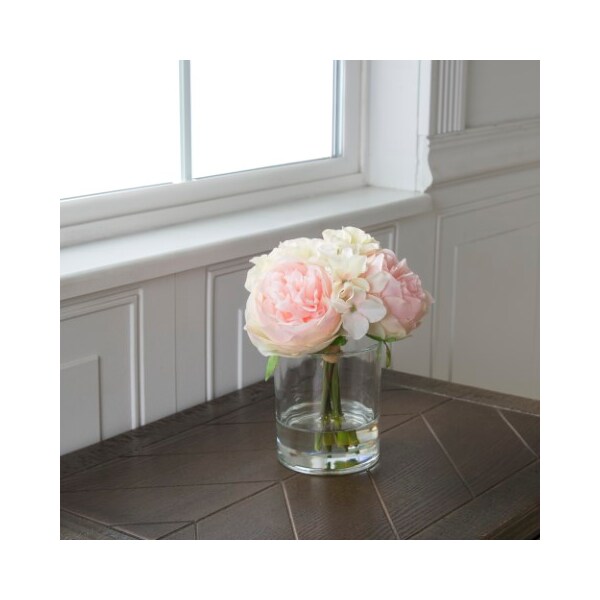 Nature Spring Rose and Hydrangea Arrangement, 6 Pink and Cream Artificial Flowers in Decorative Round Vase - 423517QYX