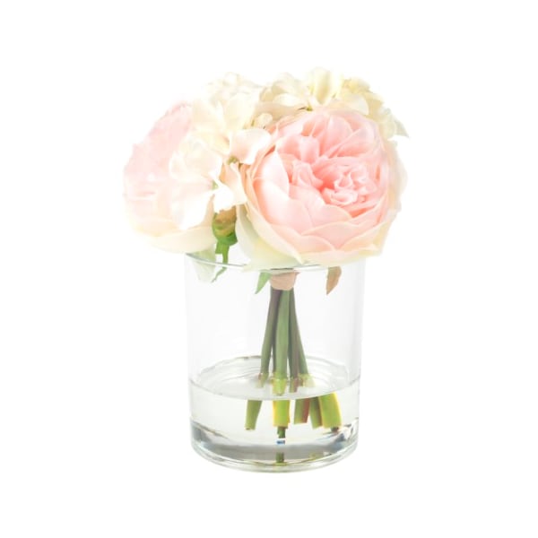 Nature Spring Rose and Hydrangea Arrangement, 6 Pink and Cream Artificial Flowers in Decorative Round Vase - 423517QYX