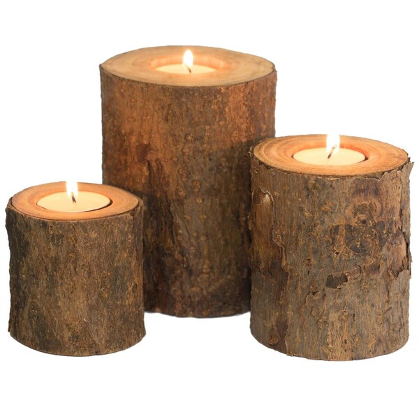 Artilugio Bark Wooden Pillar Tree Stump Tea Light Rustic Candle Holder - Set of 3 - AR2641842