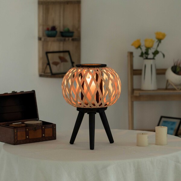 Vintiquewise Modern Black, Natural Bamboo Candle Decorative Trellis Design Lantern with Stand - QI004166
