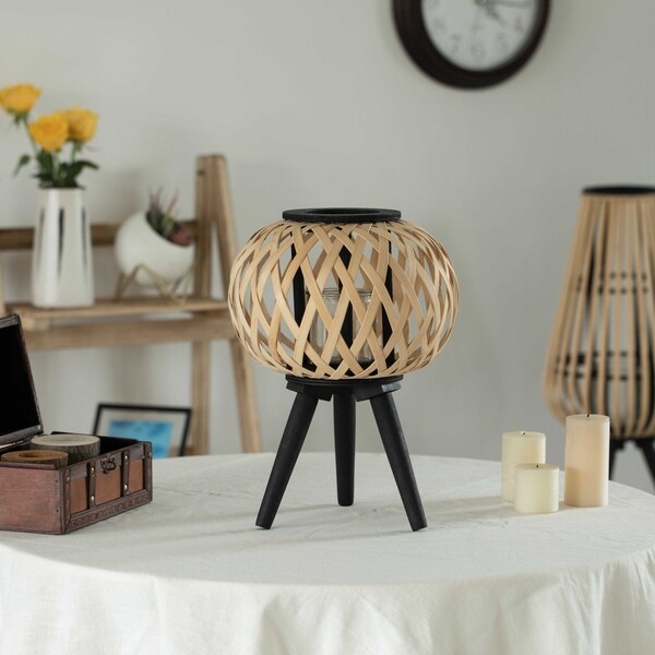 Vintiquewise Modern Black, Natural Bamboo Candle Decorative Trellis Design Lantern with Stand - QI004166