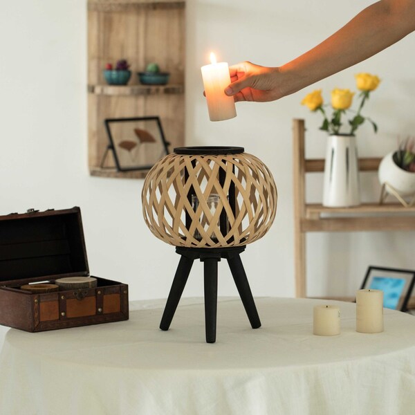 Vintiquewise Modern Black, Natural Bamboo Candle Decorative Trellis Design Lantern with Stand - QI004166