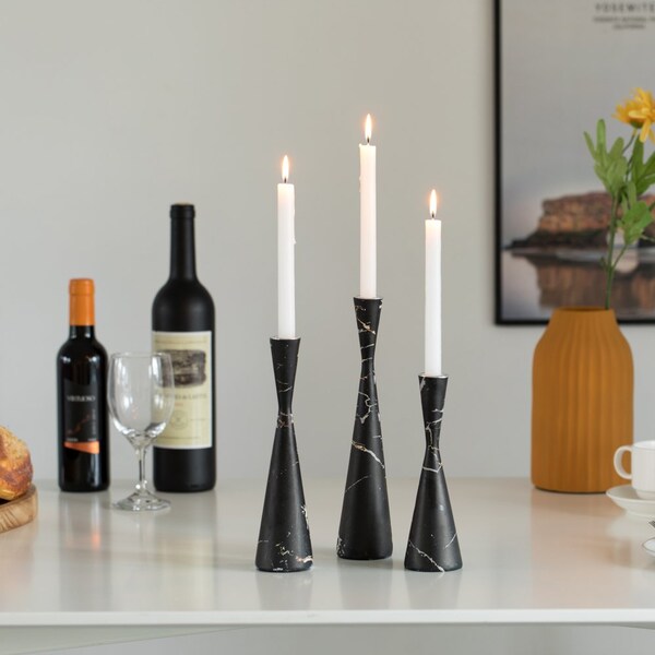 Fabulaxe Marble Resin Candle Holders - Pack of 18 Black Decorative Taper Candlesticks for Home Decor,  - QI004063.BK.6
