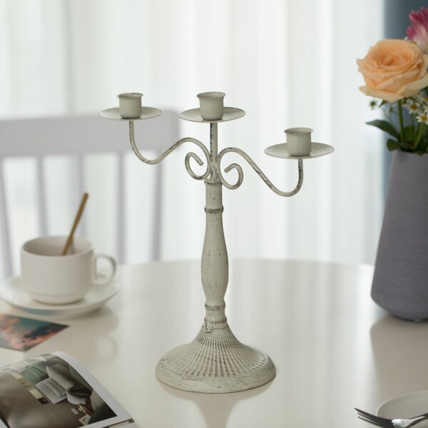 Fabulaxe Antique 12 Distressed 3 Arm Metal Candelabra for Dining Room, Entryway, Kitchen and Vanity - QI004339.TE