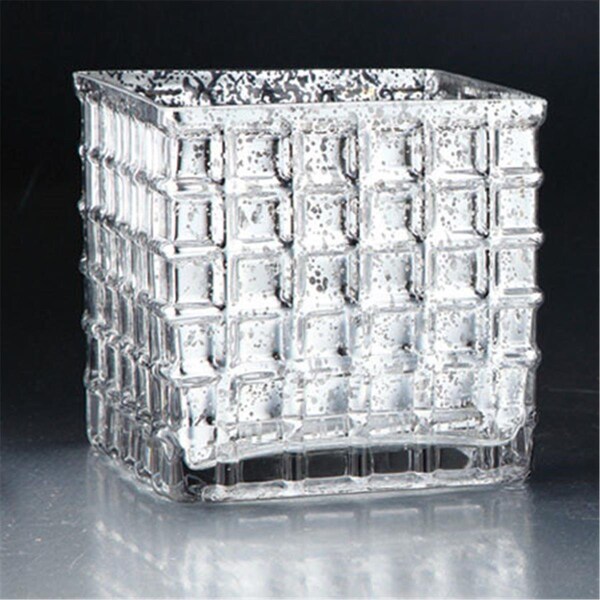 Diamond Star 6 x 6 x 6 in. Square Glass Candle Holder, Silver - 57057