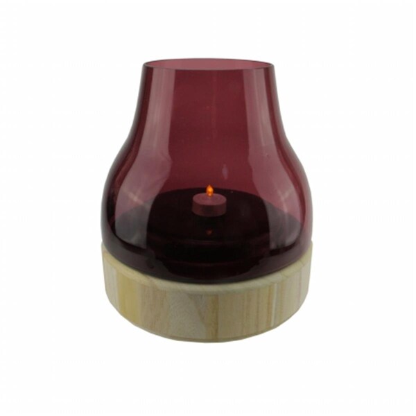 Purely Pecan Gordon  9.75 in. Merlot Colored Glass Pillar Candle Holder with Wooden Base - 32021546