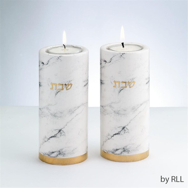 Rite Lite 5 in. Marble Design Ceram Candlestick Set, Gold Accents - CSH-201