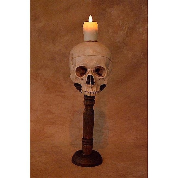 Skeletons & More Skeletons & More DIS-800 Skull Candle Holder on Wood Support with Flameless Candle - DIS-800