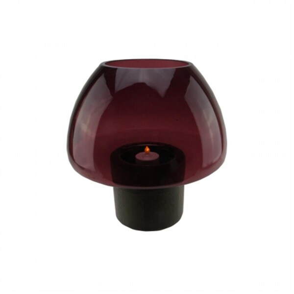 Purely Pecan Gordon  9.75 in. Transparent Byzantium Purple Glass Candle Holder with Wooden Base - 32021539