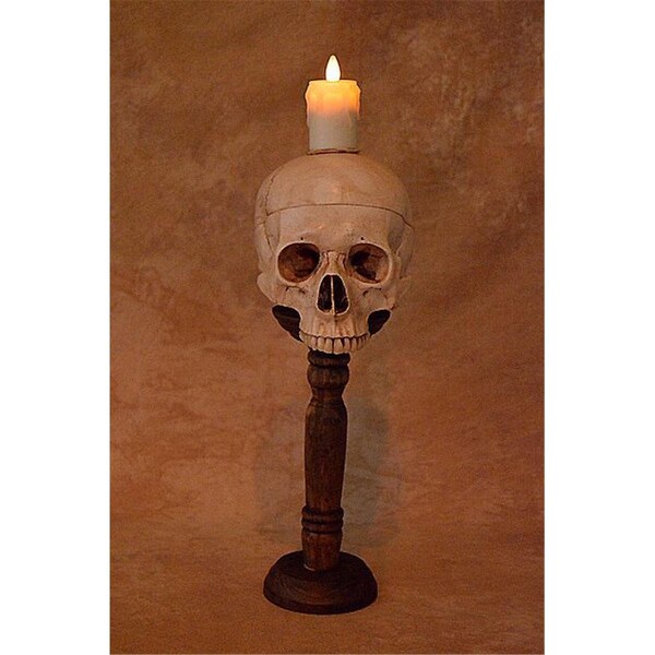 Truco Skull Candle Holder on Wood Support with Flameless Candle - TR1870475