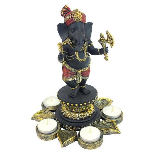 Design Toscano Standing Lord Ganesha on Lotus Flower Candle Holder Statue - QS29200