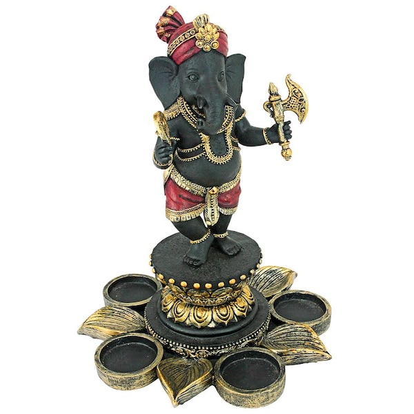 Design Toscano Standing Lord Ganesha on Lotus Flower Candle Holder Statue - QS29200