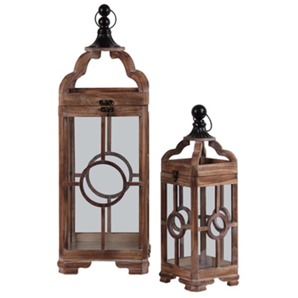 Urban Trends Collection Wood Square Lantern with Metal Round Finial Top Brown Set of 2 - 54202