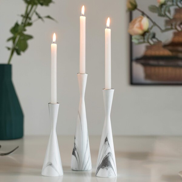 Fabulaxe Marble Resin Candle Holders - Pack of 18 White Decorative Taper Candlesticks for Home Decor,  - QI004063.WT.6