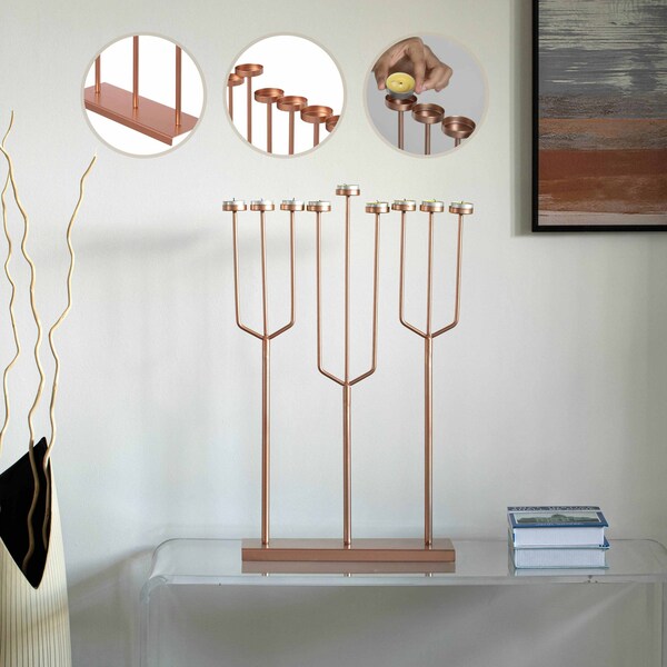 Vintiquewise Small Hanukkah Menorah, 9 Branch Tea Light Candle Holders, Rose Gold - QI004643.RG.S