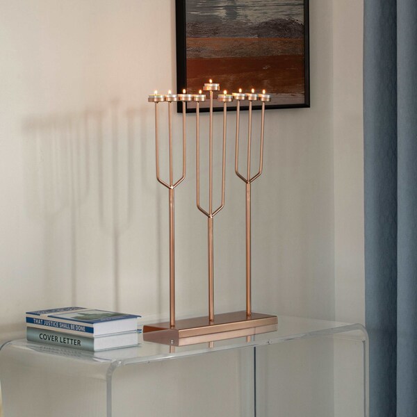 Vintiquewise Small Hanukkah Menorah, 9 Branch Tea Light Candle Holders, Rose Gold - QI004643.RG.S