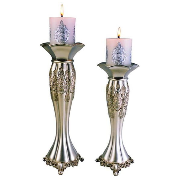 Ore Furniture 12 - 14 in. Traditional Royal Silver Metalic Candle Holder Set - K-4199C