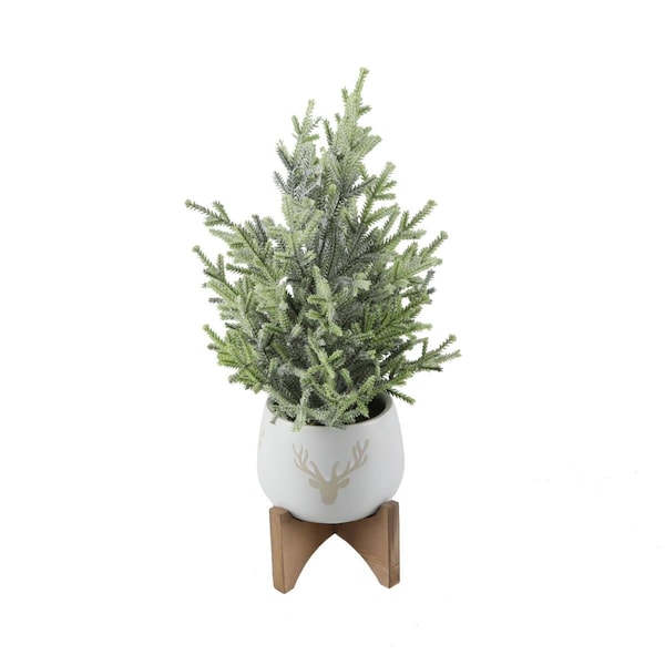 Espectaculo 15.75'H Frosted Xmas Tree in 5' Staghead Ceramic on Wood Stand - ES2954952
