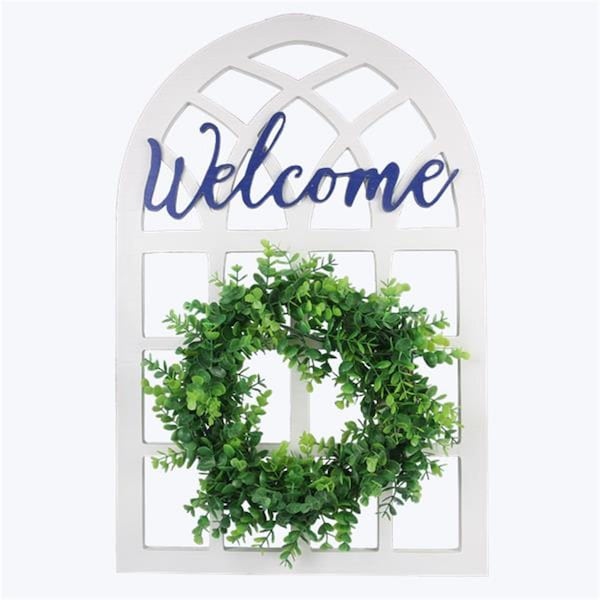Youngs Wood Window & Wreath Welcome Sign, Blue & White - 21278