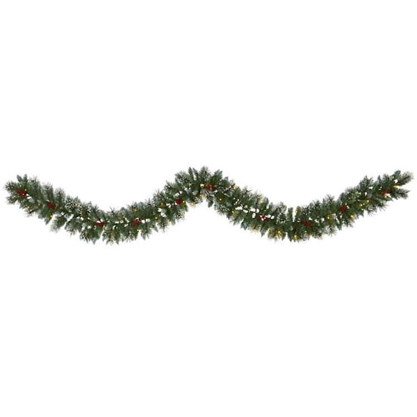 Tistheseason 9 ft. Frosted Swiss Pine Artificial Garland with 50 Clear LED Lights & Berries - TI3093429