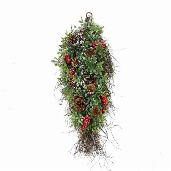 Northlight Seasonal 28 in. Glittered Artificial Boxwood Pine Cone and Red Berry Christmas Teardrop Swag- Unlit - 31737574