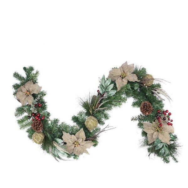 Northlight Seasonal Autumn Harvest Burlap Poinsettia Moss Ball Mixed Pine and Berries Fall Garland - 31736435