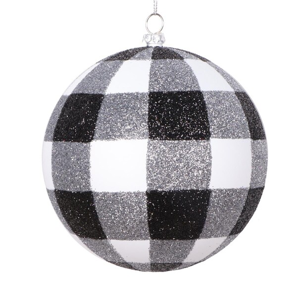 Vickerman 4.7 in. Plaid Glitter Ball Ornament, White & Black - 3 per Bag - MT2212320
