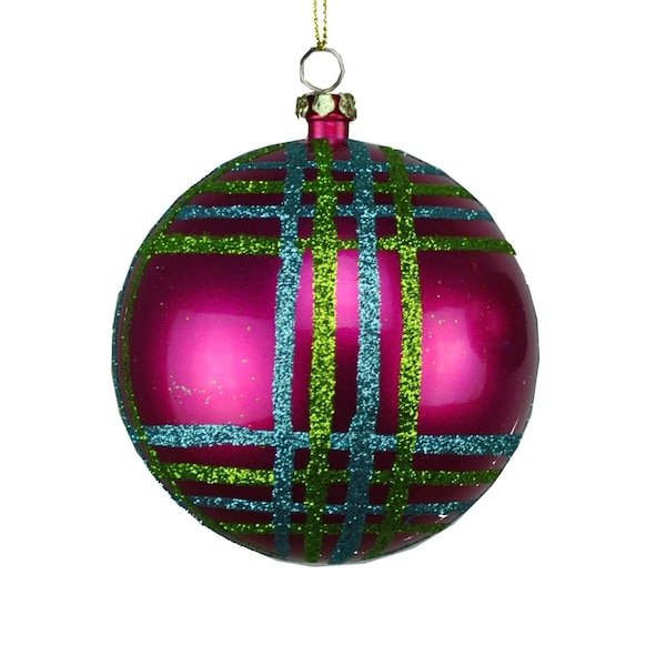 Queens Of Christmas 80 mm Fuchsia, Teal, Lime Green Ball Ornament - ORN-STRP-BALL-80-TRP