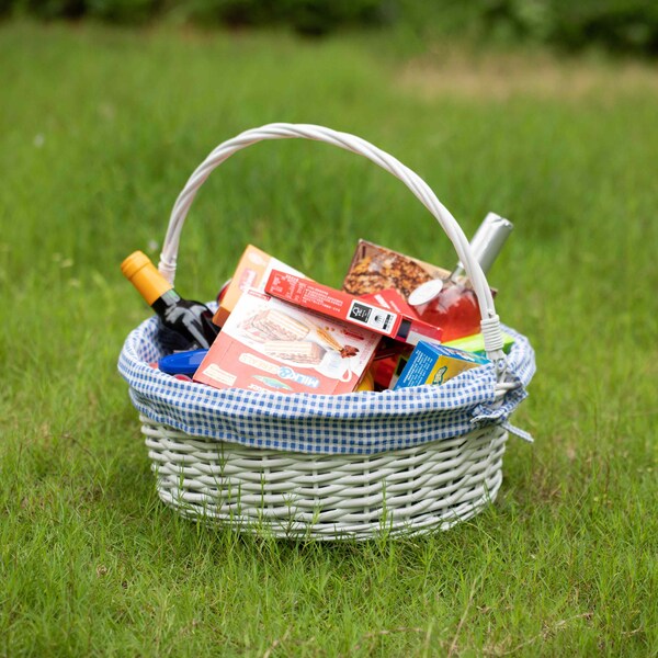 Wickerwise White Round Willow Gift Basket with Blue and White Gingham Liner and Sturdy Foldable Handles, Large - QI004620.BL.L
