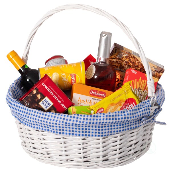 Wickerwise White Round Willow Gift Basket with Blue and White Gingham Liner and Sturdy Foldable Handles, Large - QI004620.BL.L