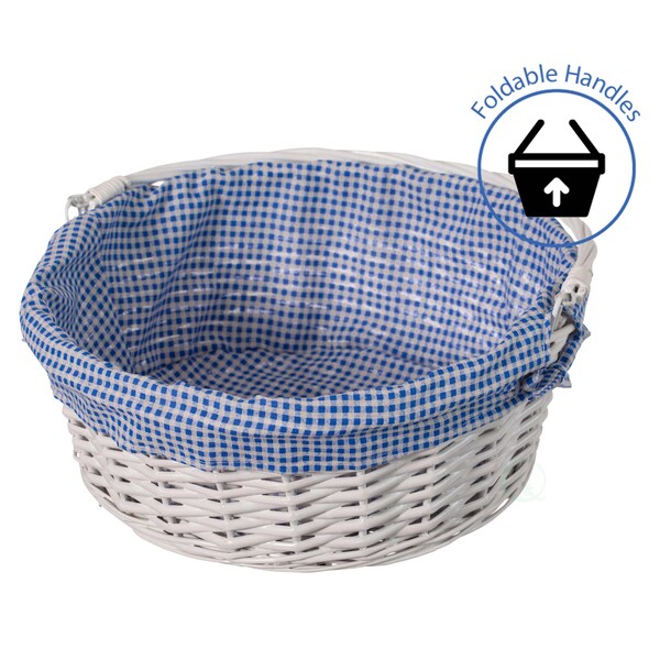 Wickerwise White Round Willow Gift Basket with Blue and White Gingham Liner and Sturdy Foldable Handles, Large - QI004620.BL.L