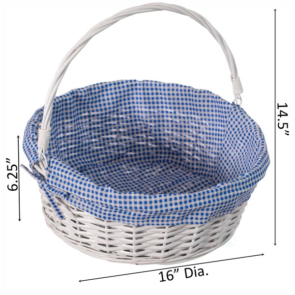 Wickerwise White Round Willow Gift Basket with Blue and White Gingham Liner and Sturdy Foldable Handles, Large - QI004620.BL.L