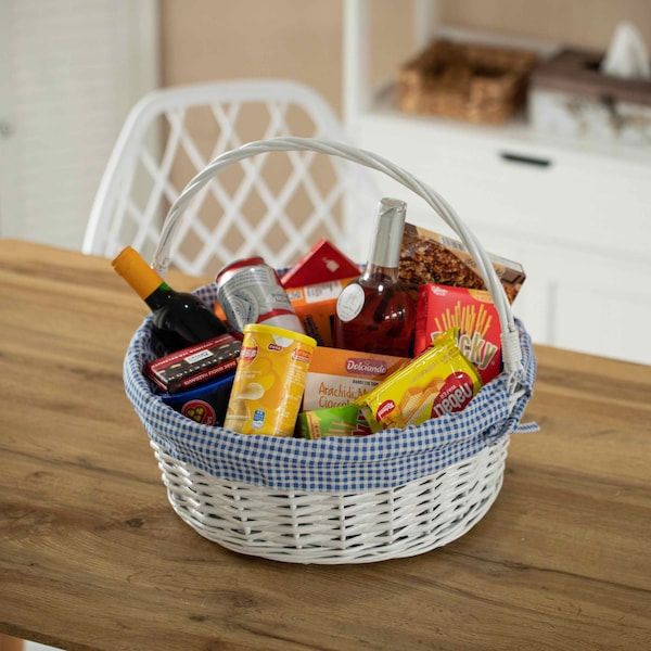 Wickerwise White Round Willow Gift Basket with Blue and White Gingham Liner and Sturdy Foldable Handles, Large - QI004620.BL.L