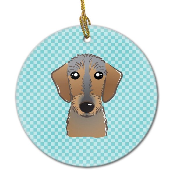 Carolines Treasures Checkerboard Blue Wirehaired Dachshund Ceramic Ornament- 2.81 In. - BB1171CO1