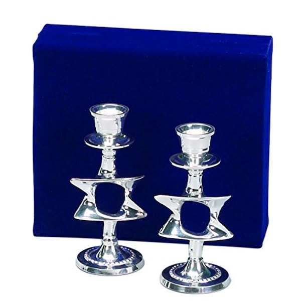Ss Collectibles CH-2082-SV Silver Plated Star of David Candle Sticks Sold as a Pair with Velvet Box - SS1080967