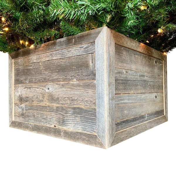 Homeroots 23 in. Square Natural Weathered Gray Christmas Tree Collar - 379884