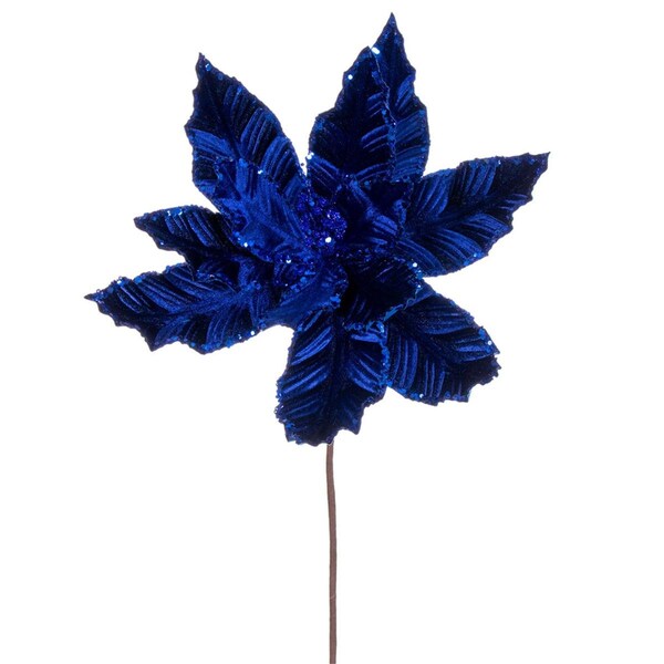 Vickerman 24 in. Velvet Sequin Trim Poinsettia Spray, Blue, 3PK - RG221302