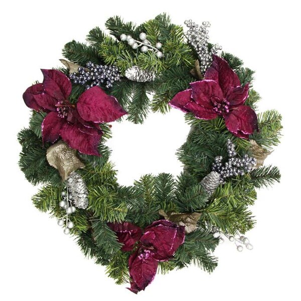 Northlight Seasonal Two-Tone Pine with Purple Poinsettias Silver Pine Cones and Berries Christmas Wreath - 31737988