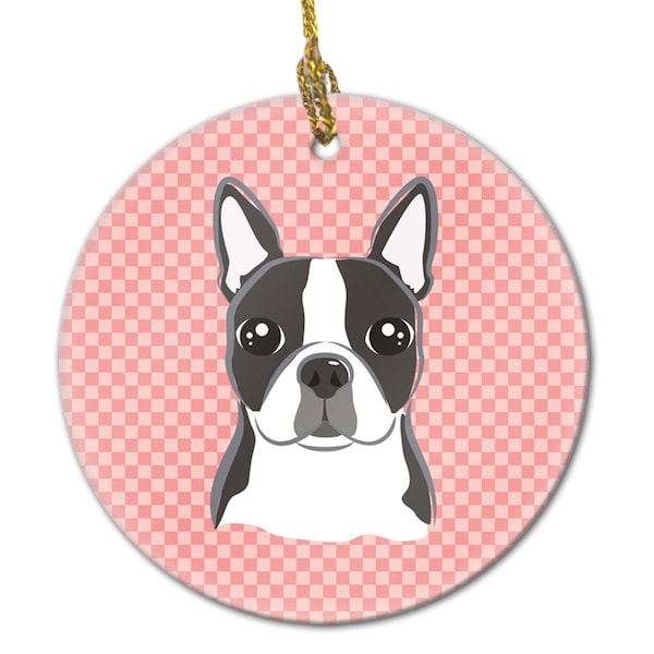 Carolines Treasures Checkerboard Pink Boston Terrier Ceramic Ornament- 2.81 In. - BB1203CO1